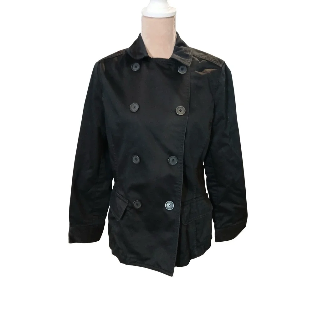 Womens Black Double Breasted Jacket Collared Button Front Casual Outerwear